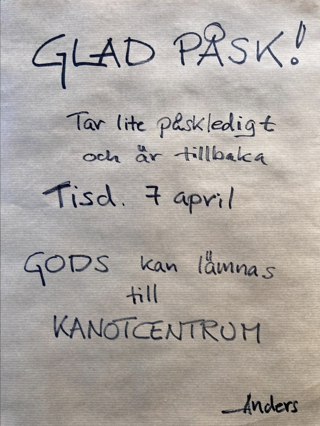 Veloform på Instagram, handskriven lapp om påskledigt